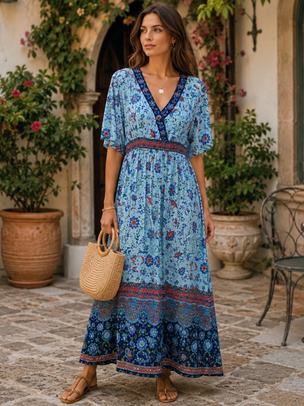 Vintage Mainstreet Blues Boho Maxi Dress
